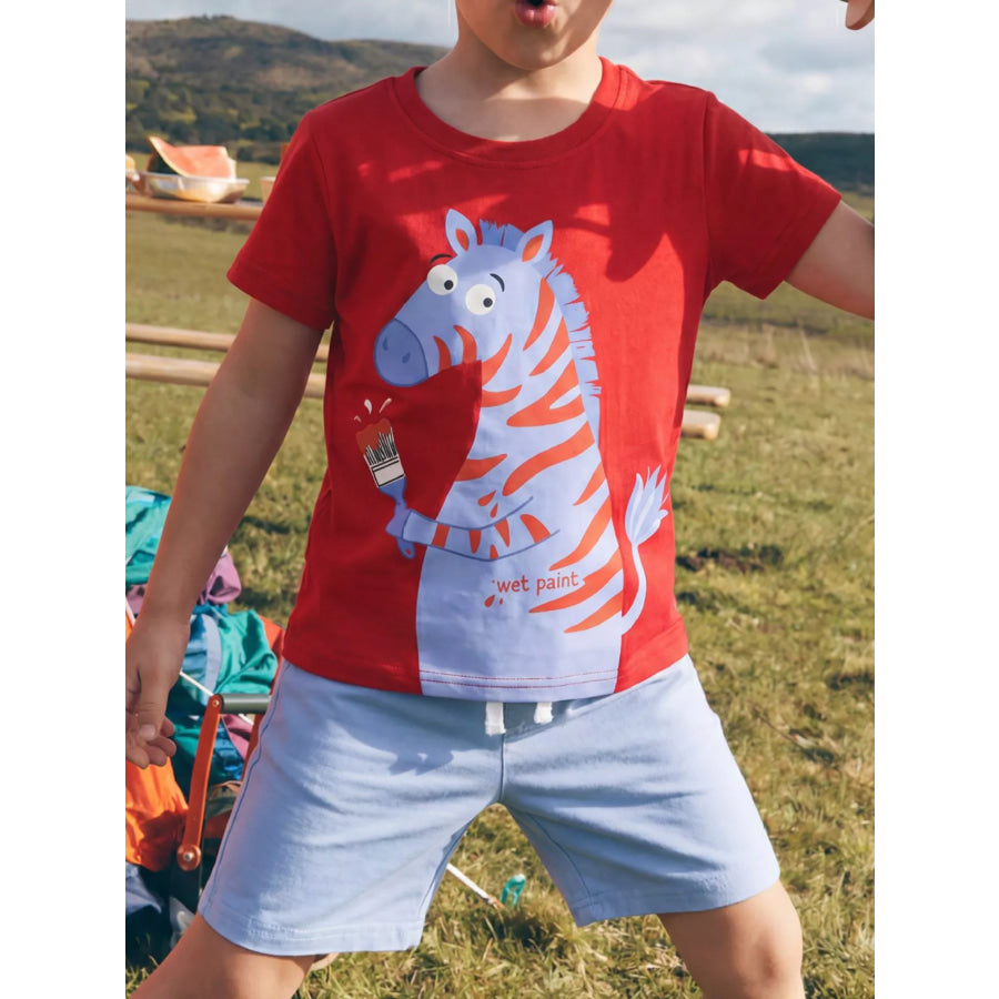 Children’s Zebra Graphic Round Neck T-Shirt and Shorts Set Red / 2-3 Apparel and Accessories