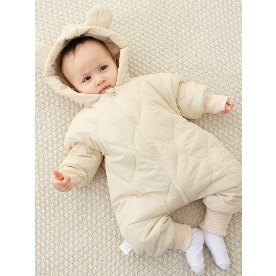 Children’s Zip Front Hooded Padded One-Piece Beige / 3-6M Apparel and Accessories