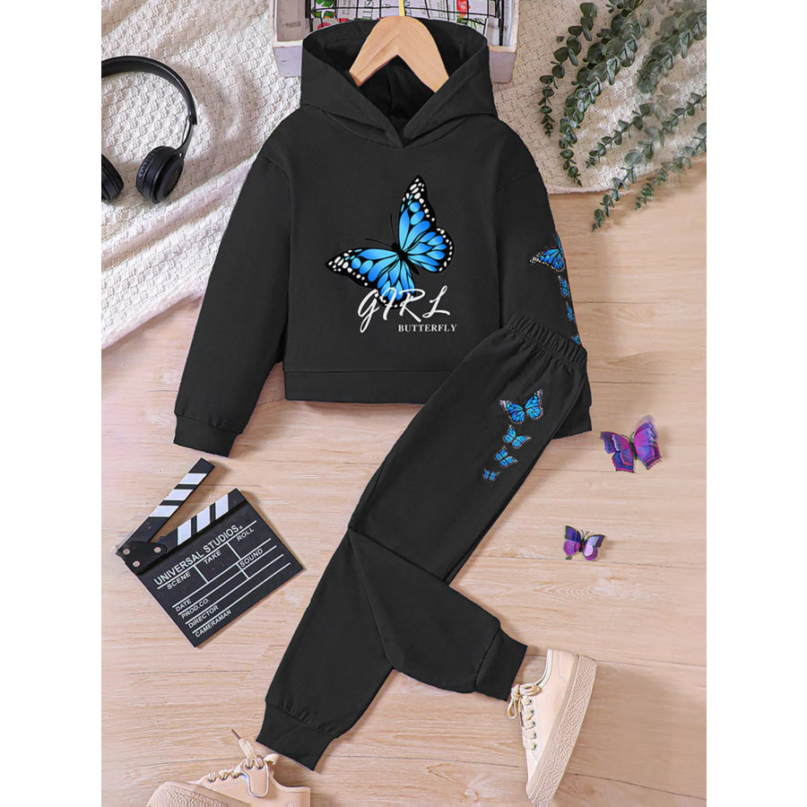 Childrens’s Butterfly Print Hoodie & Pants Set Black / 3T Apparel and Accessories