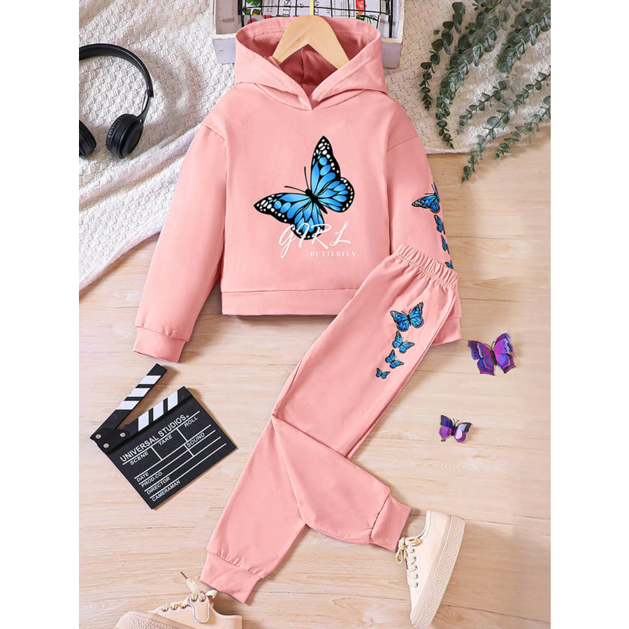 Childrens’s Butterfly Print Hoodie & Pants Set Dusty Pink / 3T Apparel and Accessories