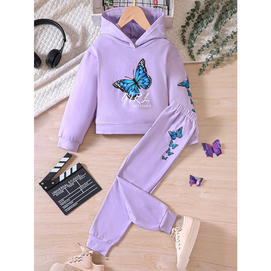 Childrens’s Butterfly Print Hoodie & Pants Set Lavender / 3T Apparel and Accessories