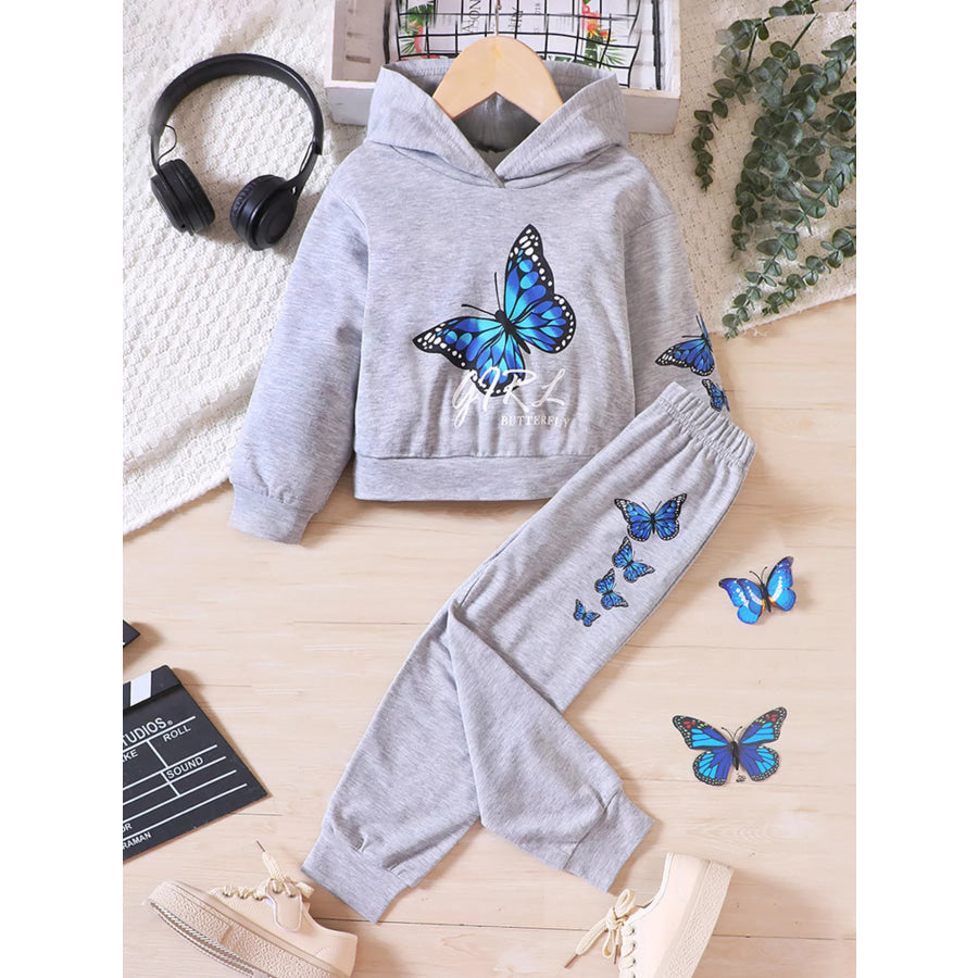 Childrens’s Butterfly Print Hoodie & Pants Set Light Gray / 3T Apparel and Accessories