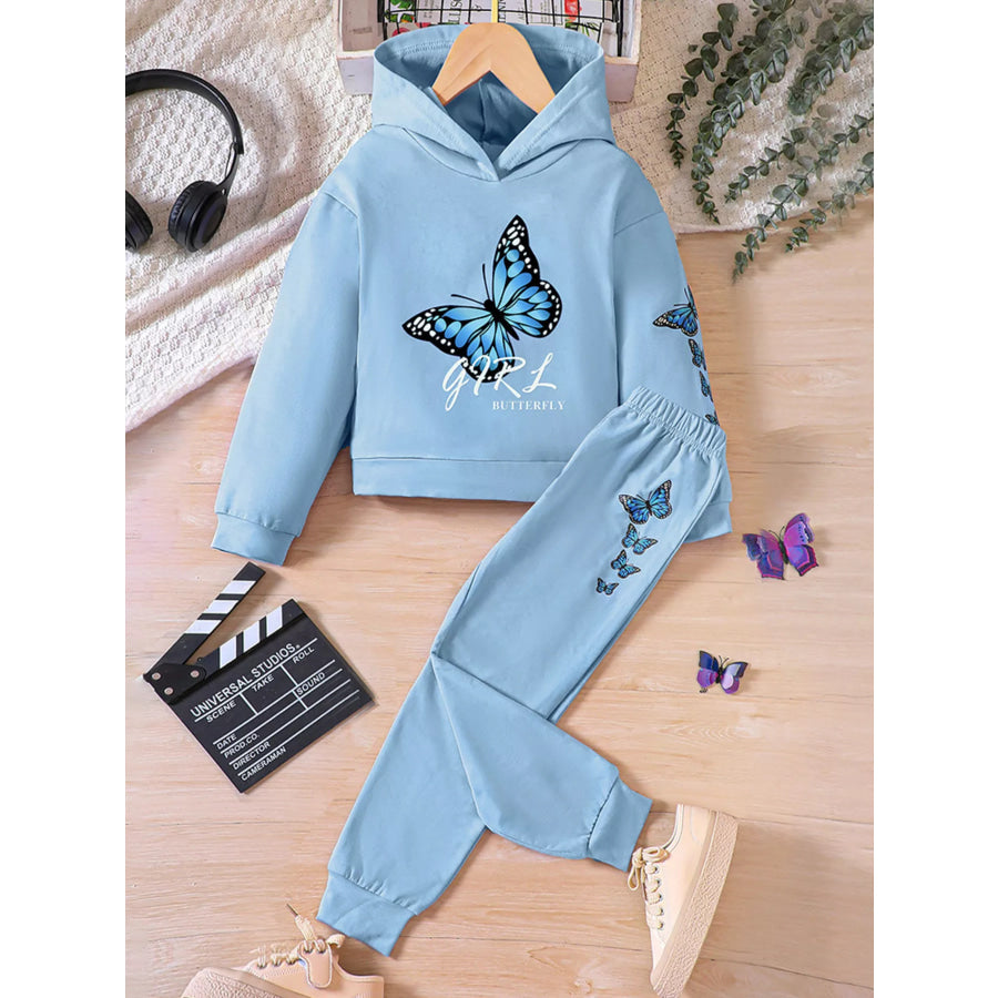Childrens’s Butterfly Print Hoodie & Pants Set Sky Blue / 3T Apparel and Accessories