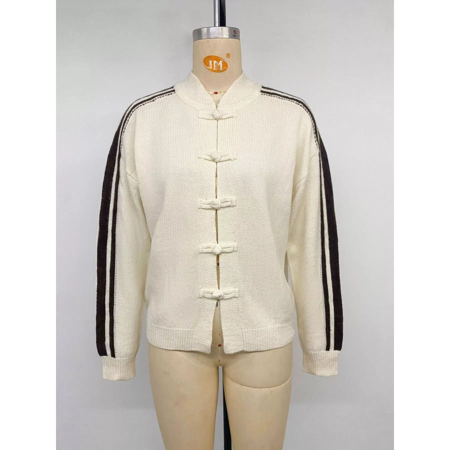 Chinese Knot Button Cardigan with Contrast Side Stripes Apparel and Accessories