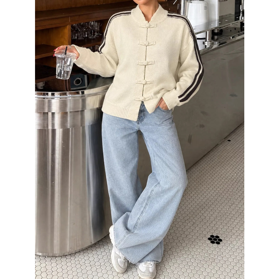 Chinese Knot Button Cardigan with Contrast Side Stripes Apparel and Accessories