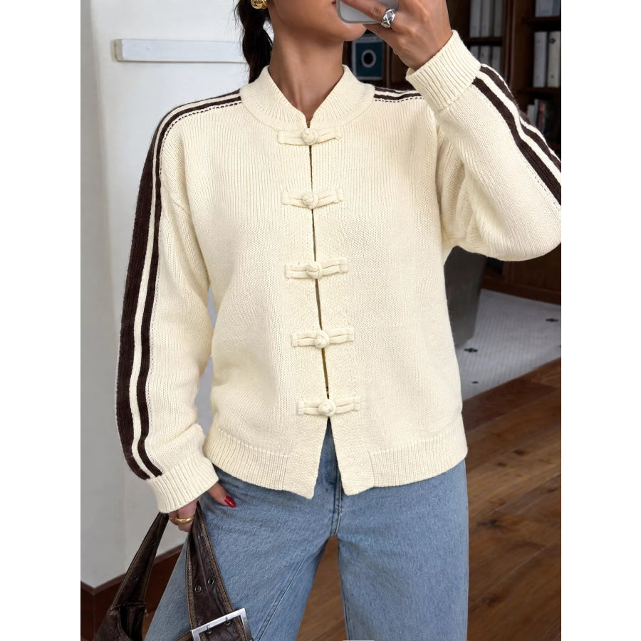 Chinese Knot Button Cardigan with Contrast Side Stripes Apparel and Accessories