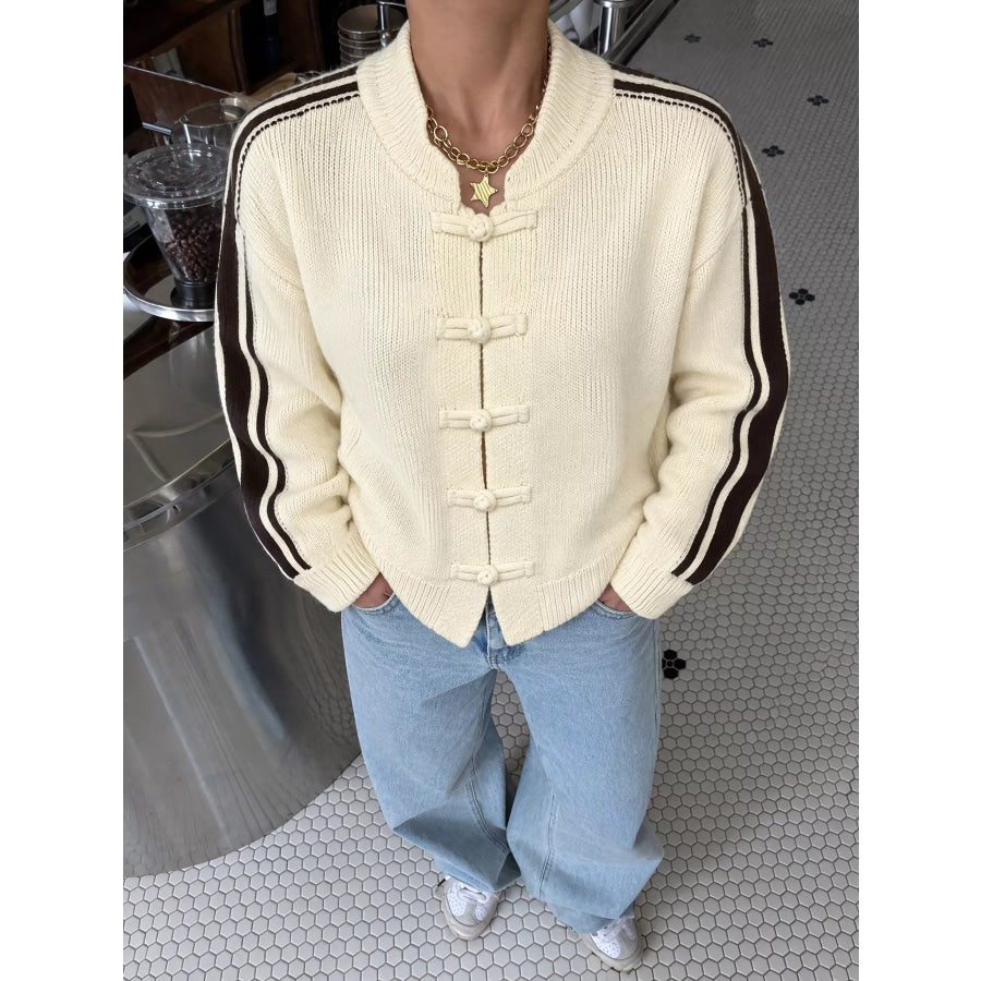 Chinese Knot Button Cardigan with Contrast Side Stripes Apparel and Accessories