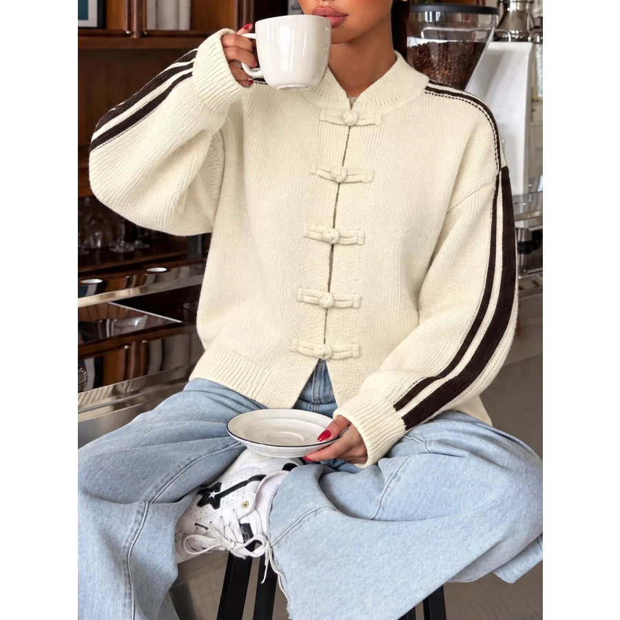 Chinese Knot Button Cardigan with Contrast Side Stripes Apricot / S Apparel and Accessories