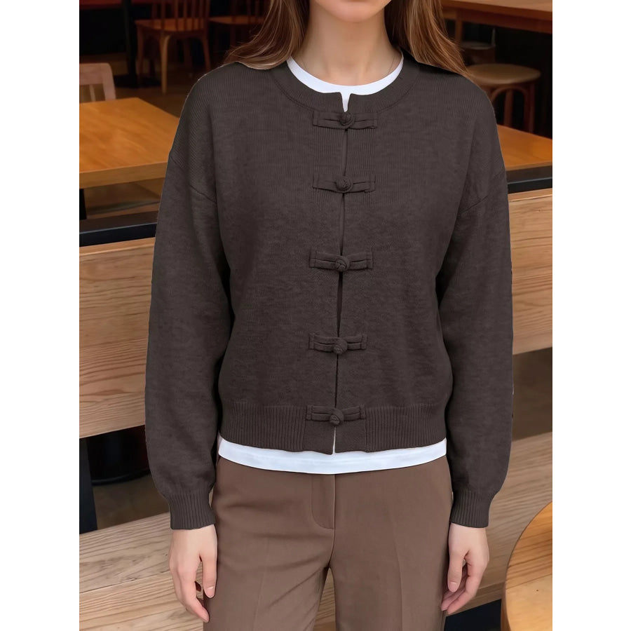 Chinese-Style Button Knit Cardigan Coffee Brown / S Apparel and Accessories