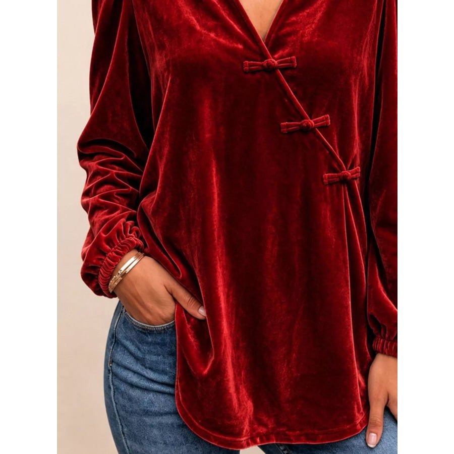 Chinese-Style Knot Buttons Velvet Blouse Apparel and Accessories