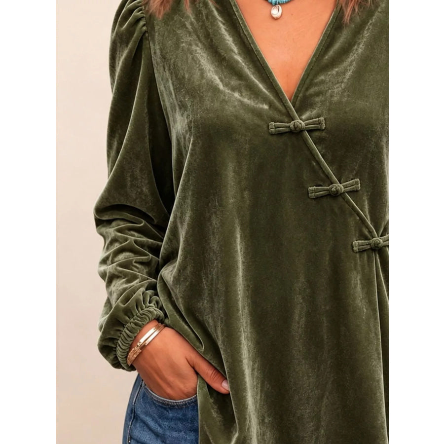 Chinese-Style Knot Buttons Velvet Blouse Apparel and Accessories