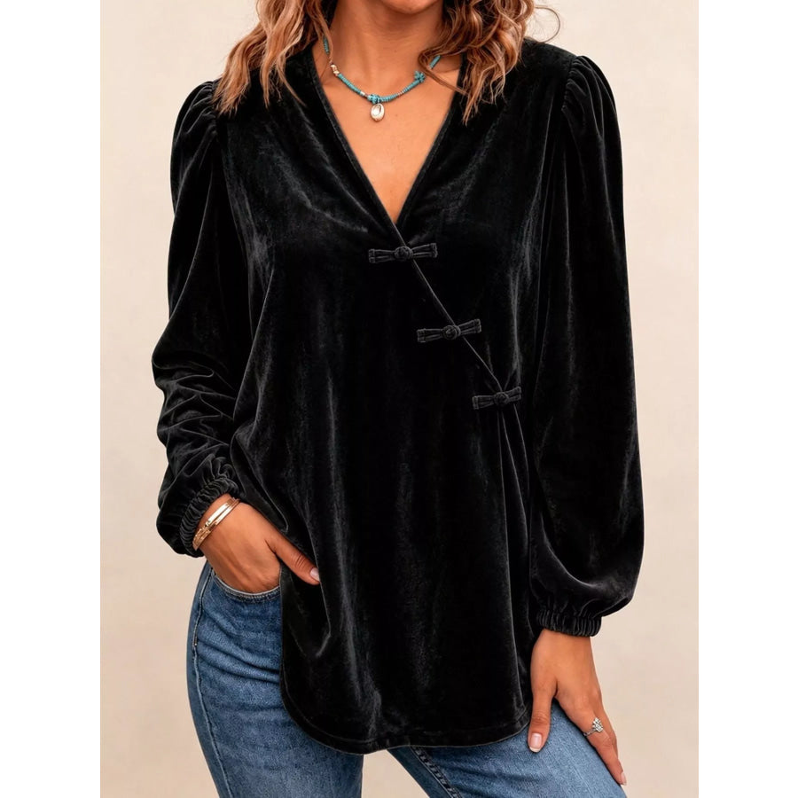 Chinese-Style Knot Buttons Velvet Blouse Black / S Apparel and Accessories