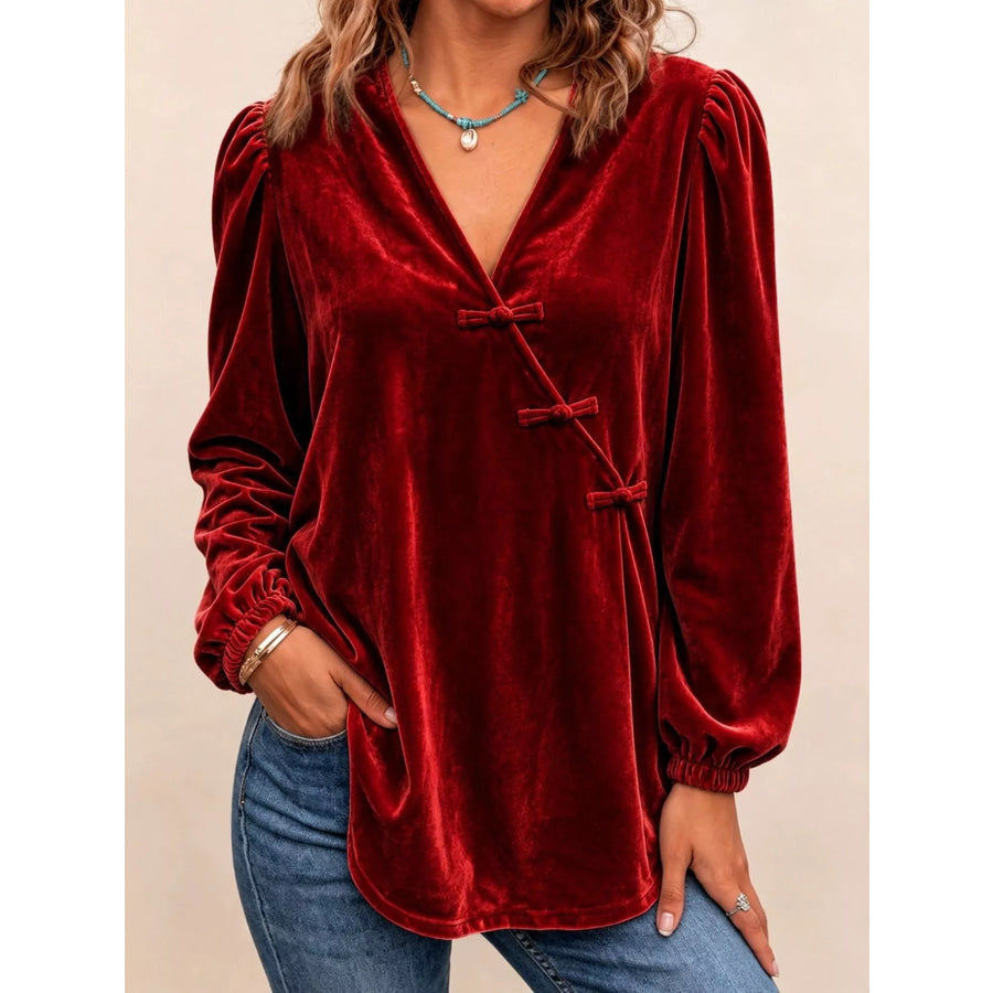Chinese-Style Knot Buttons Velvet Blouse Burgundy / S Apparel and Accessories