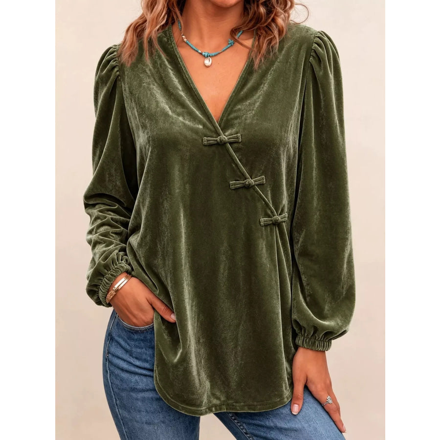 Chinese-Style Knot Buttons Velvet Blouse Dark Green / S Apparel and Accessories