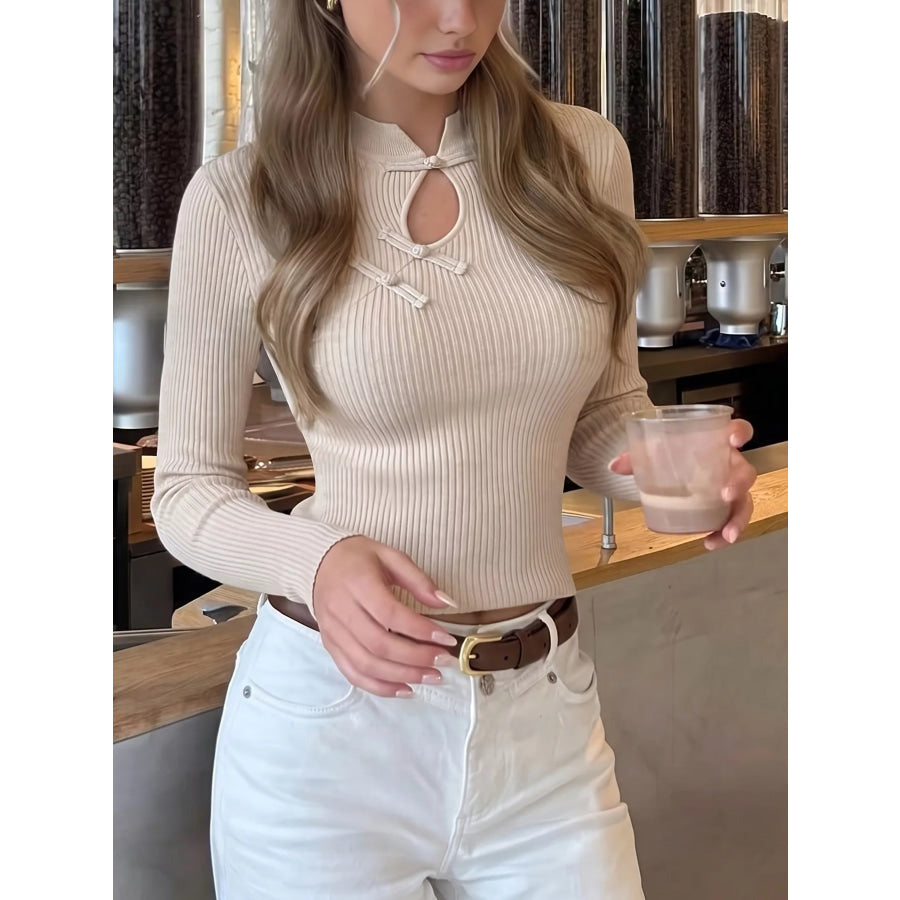 Chinese-Style Knot Detail Ribbed Knit Top Apparel and Accessories