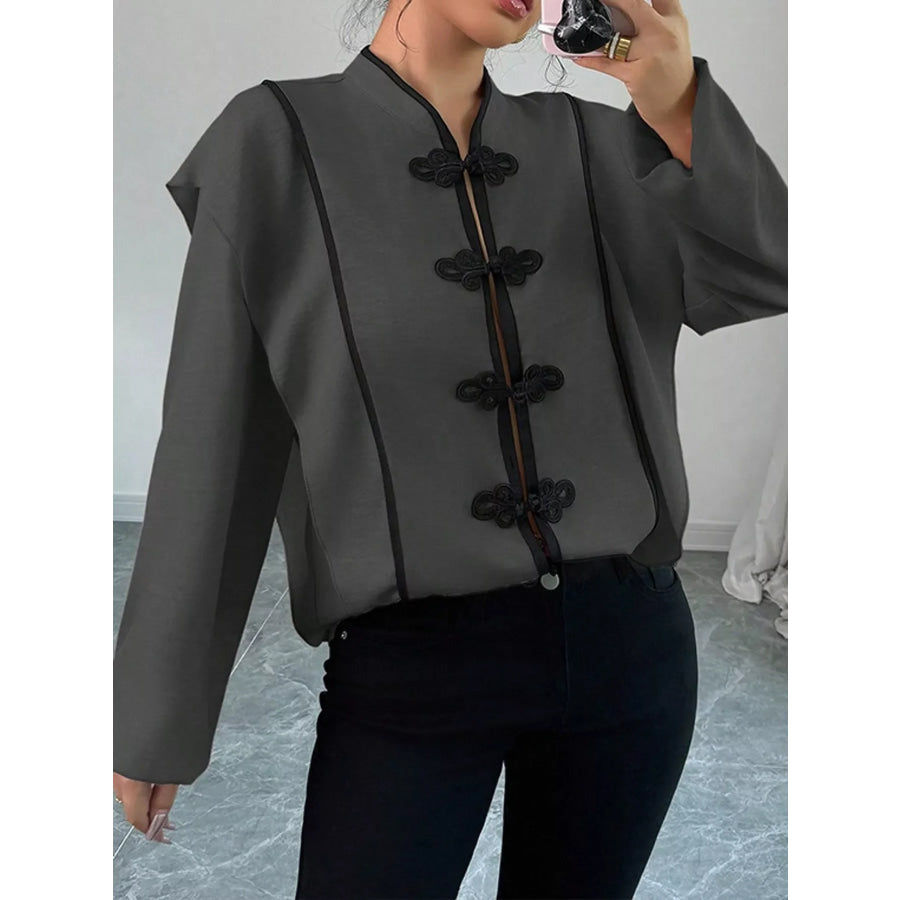 Chinese-Style Mandarin Collar Blouse Dark Gray / S Apparel and Accessories
