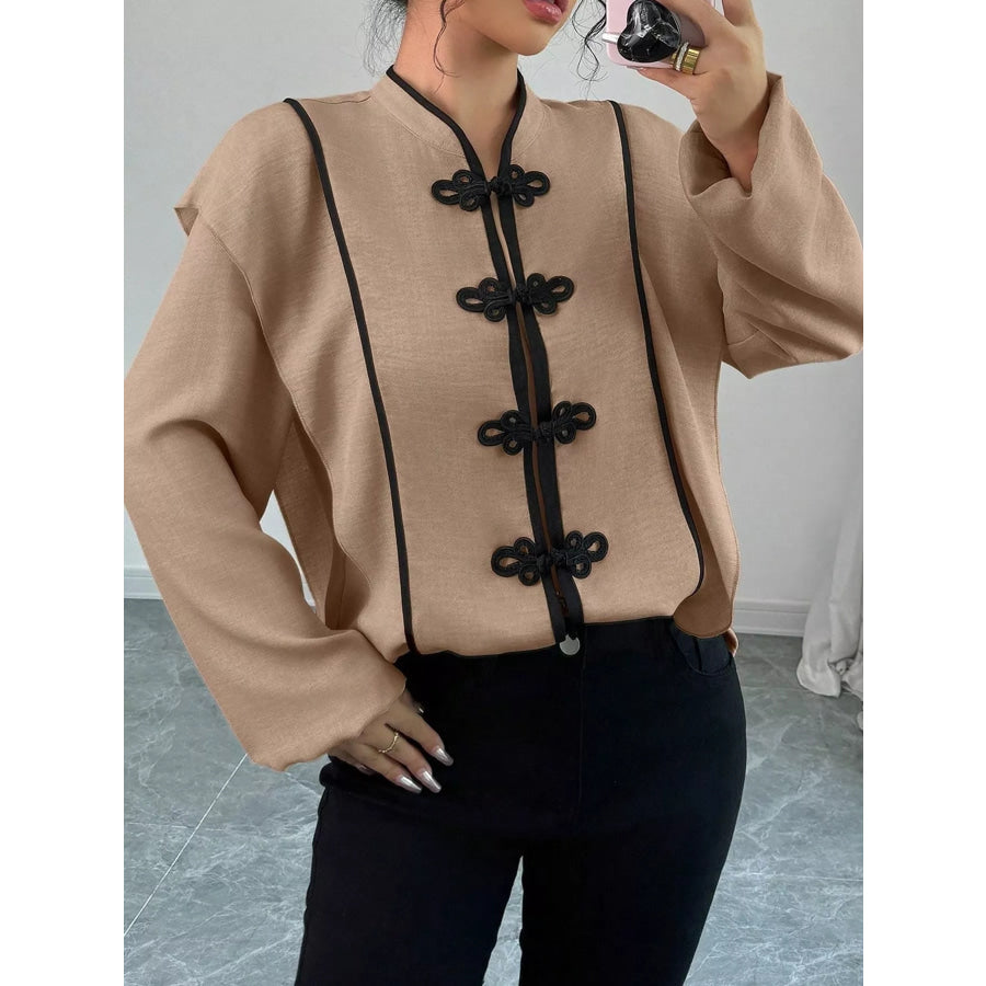 Chinese-Style Mandarin Collar Blouse Khaki / S Apparel and Accessories