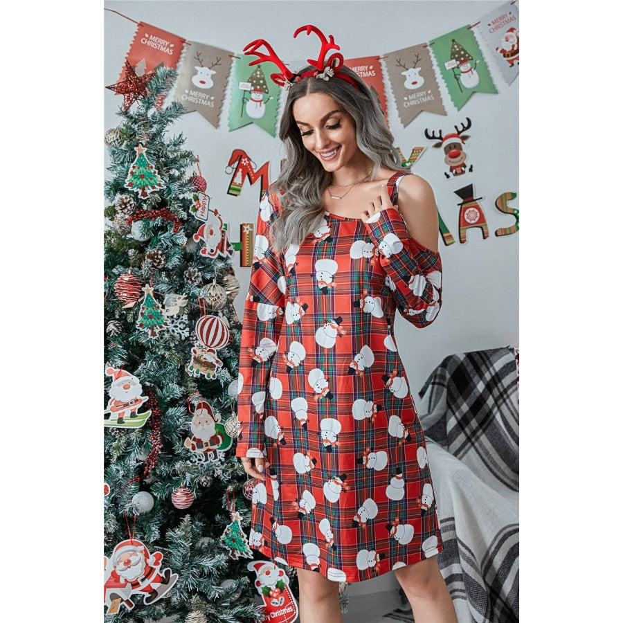 Christmas Asymmetrical Neck Long Sleeve Dress