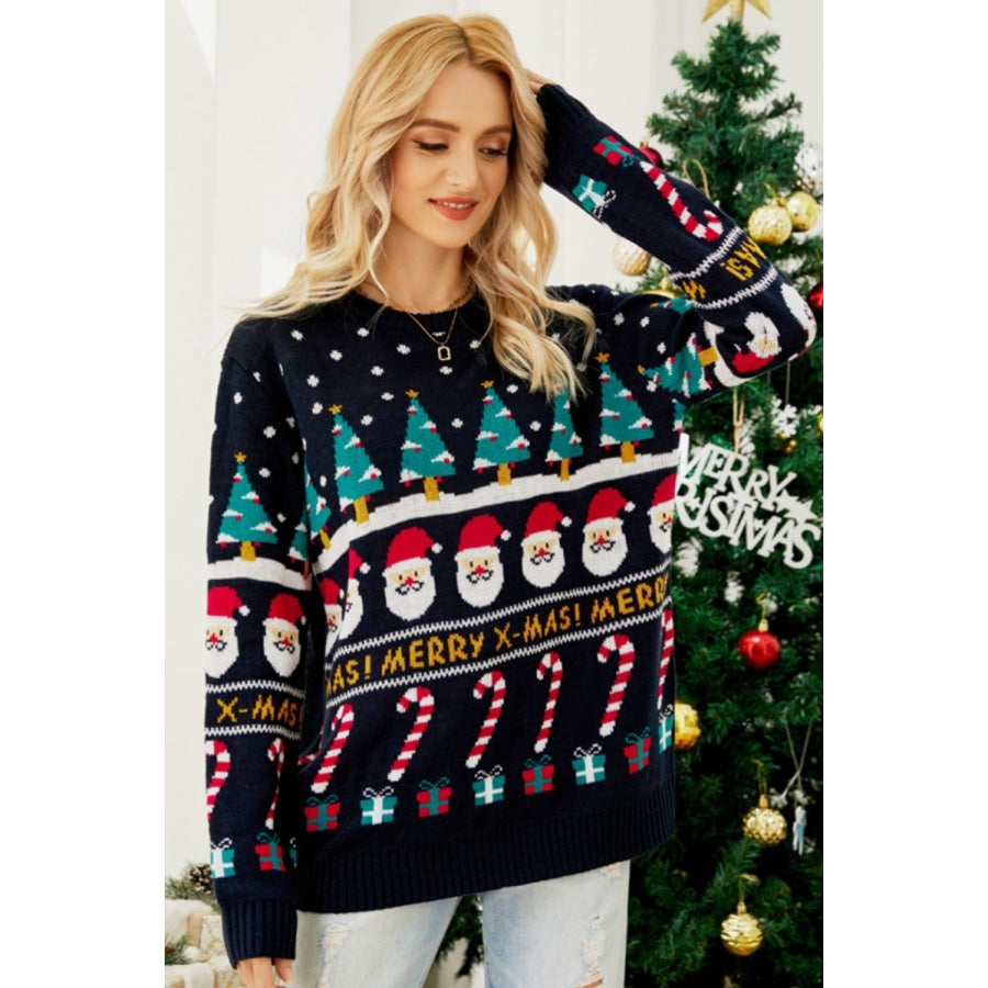 Christmas Candy Cane Ribbed Trim Sweater Navy / S