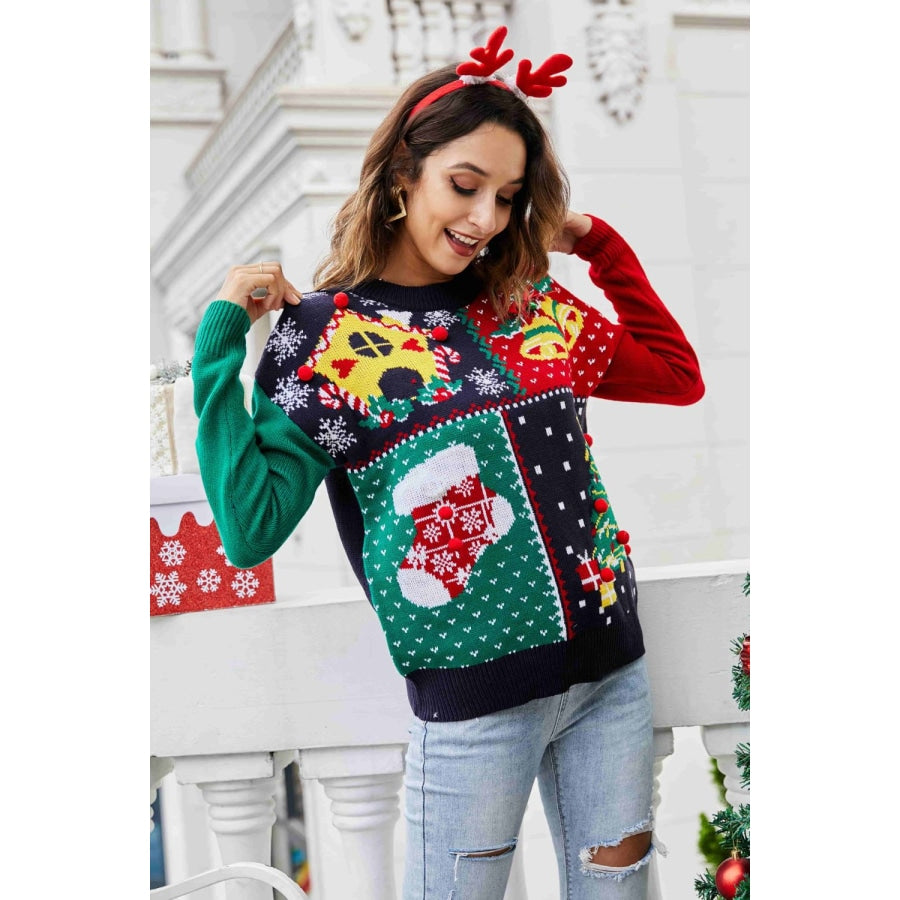 Christmas Color Block Knit Pullover