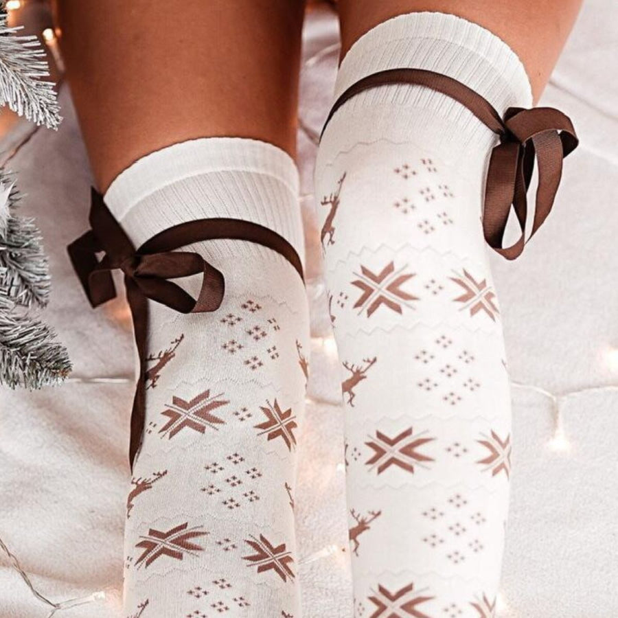 Christmas Element Bowknot Ribbed Trim Over Knee Stockings Apparel and Accessories