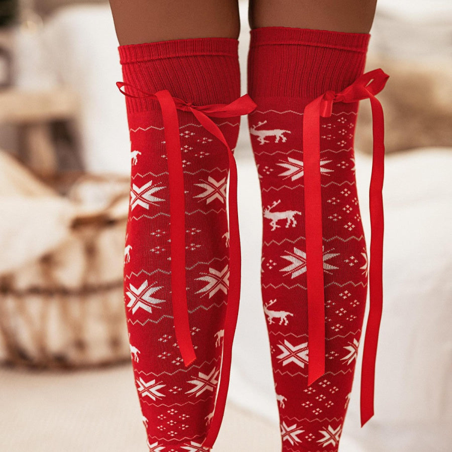 Christmas Element Bowknot Ribbed Trim Over Knee Stockings Apparel and Accessories