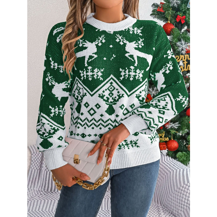 Christmas Element Round Neck Long Sleeve Sweater Apparel and Accessories