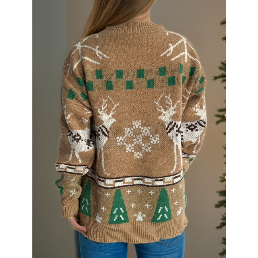 Christmas Element Round Neck Long Sleeve Sweater Apparel and Accessories