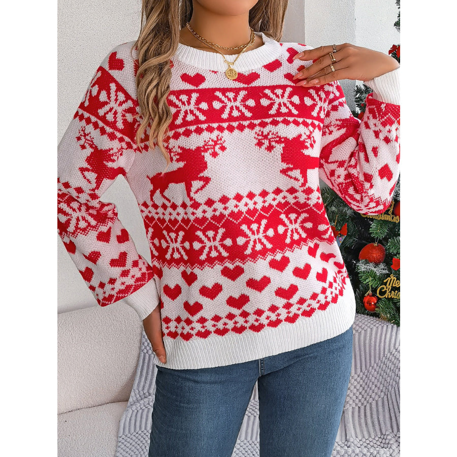 Christmas Element Round Neck Long Sleeve Sweater Apparel and Accessories