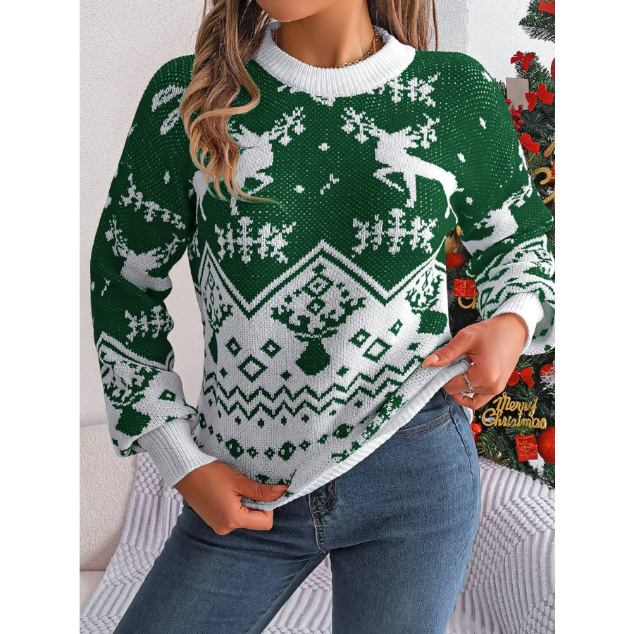 Christmas Element Round Neck Long Sleeve Sweater Apparel and Accessories