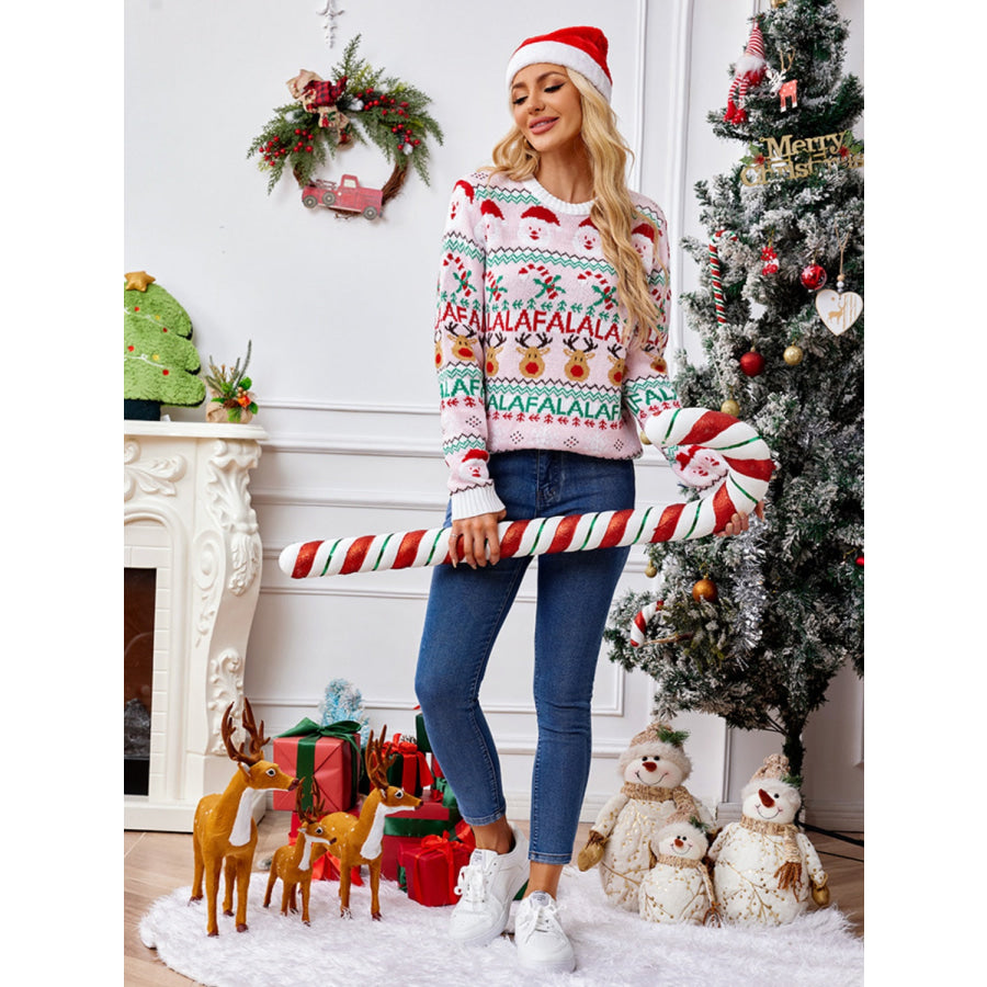 Christmas Element Round Neck Long Sleeve Sweater Apparel and Accessories