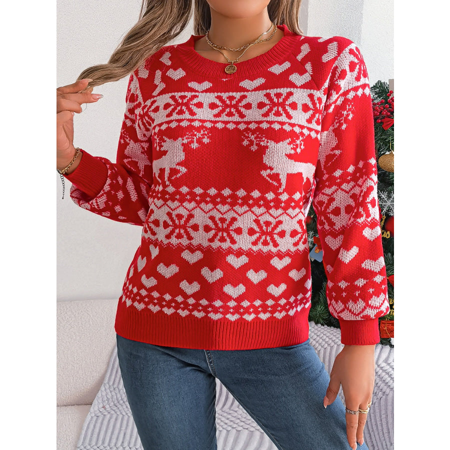 Christmas Element Round Neck Long Sleeve Sweater Apparel and Accessories