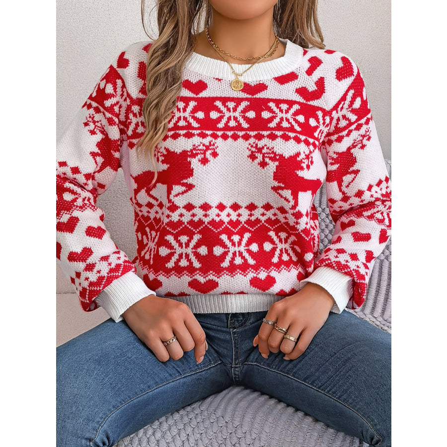 Christmas Element Round Neck Long Sleeve Sweater Apparel and Accessories