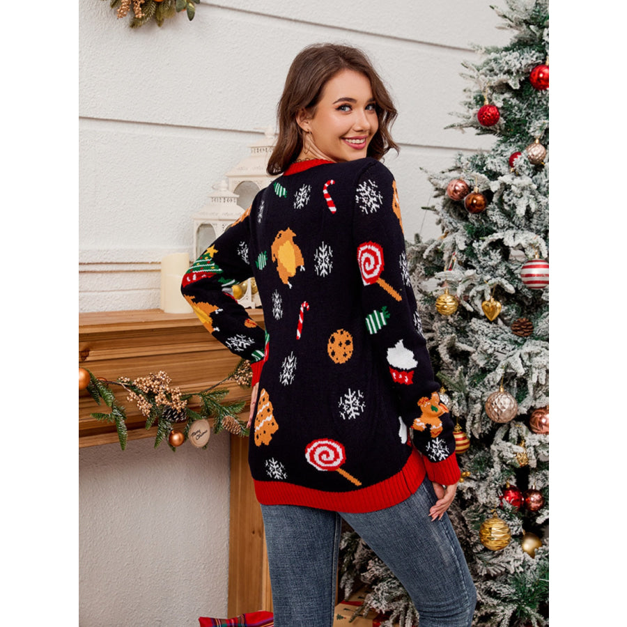 Christmas Element Round Neck Long Sleeve Sweater Apparel and Accessories