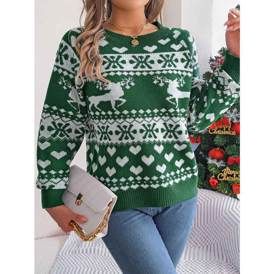 Christmas Element Round Neck Long Sleeve Sweater Apparel and Accessories