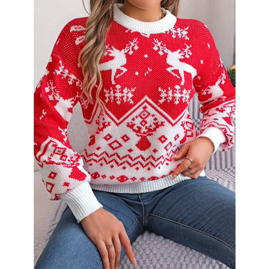 Christmas Element Round Neck Long Sleeve Sweater Apparel and Accessories