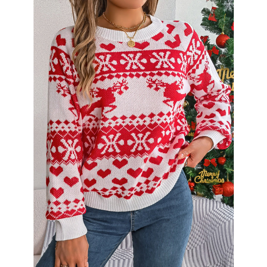 Christmas Element Round Neck Long Sleeve Sweater Apparel and Accessories