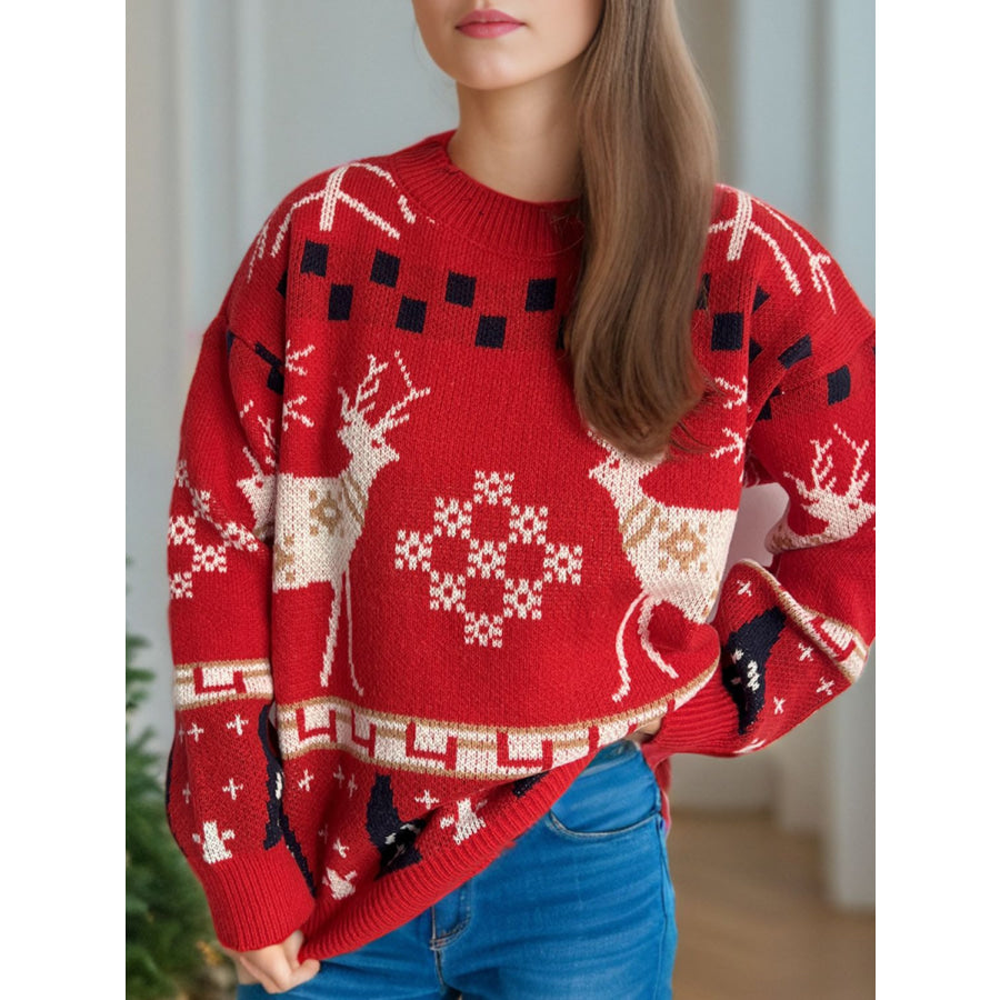 Christmas Element Round Neck Long Sleeve Sweater Apparel and Accessories