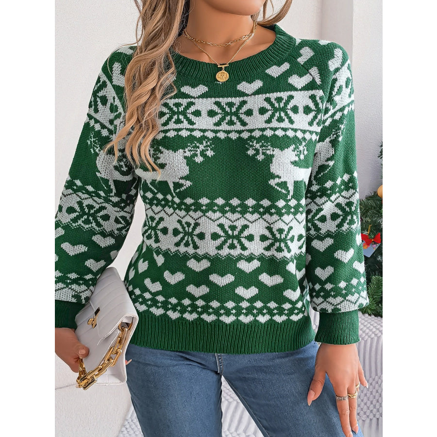 Christmas Element Round Neck Long Sleeve Sweater Apparel and Accessories