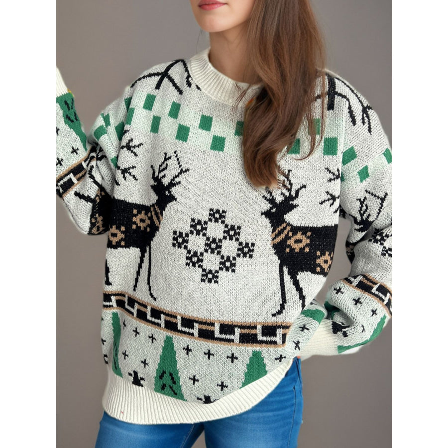 Christmas Element Round Neck Long Sleeve Sweater Apparel and Accessories