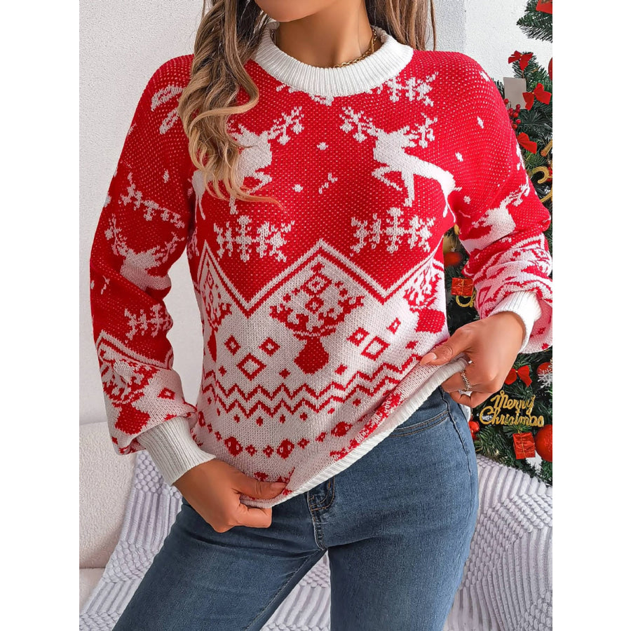 Christmas Element Round Neck Long Sleeve Sweater Apparel and Accessories