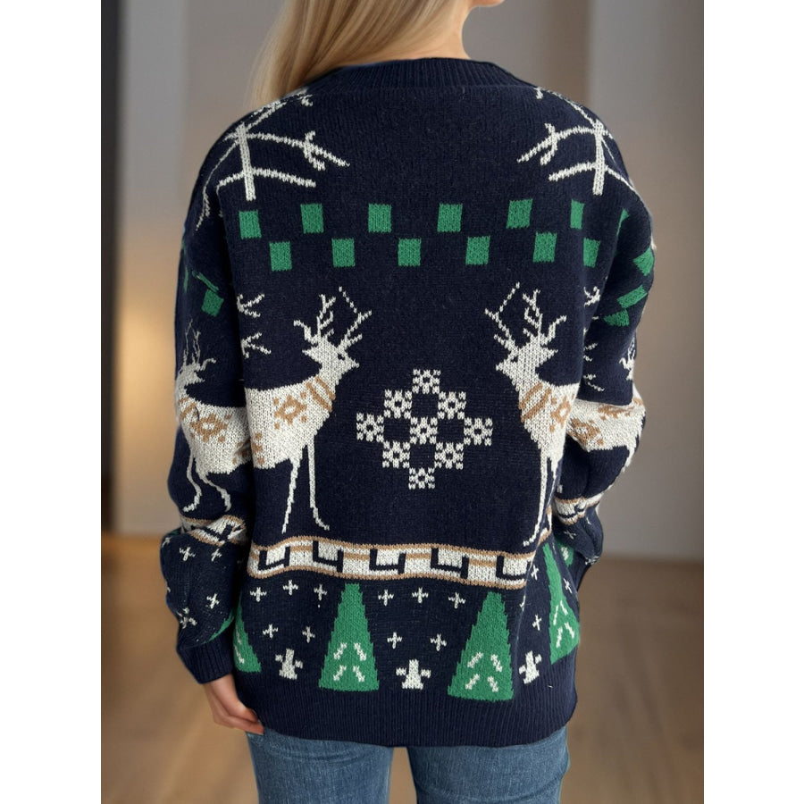 Christmas Element Round Neck Long Sleeve Sweater Apparel and Accessories