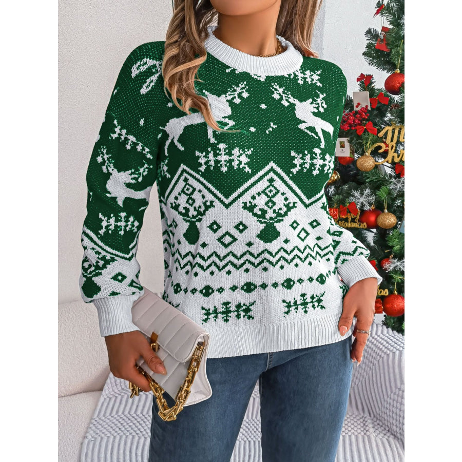 Christmas Element Round Neck Long Sleeve Sweater Apparel and Accessories