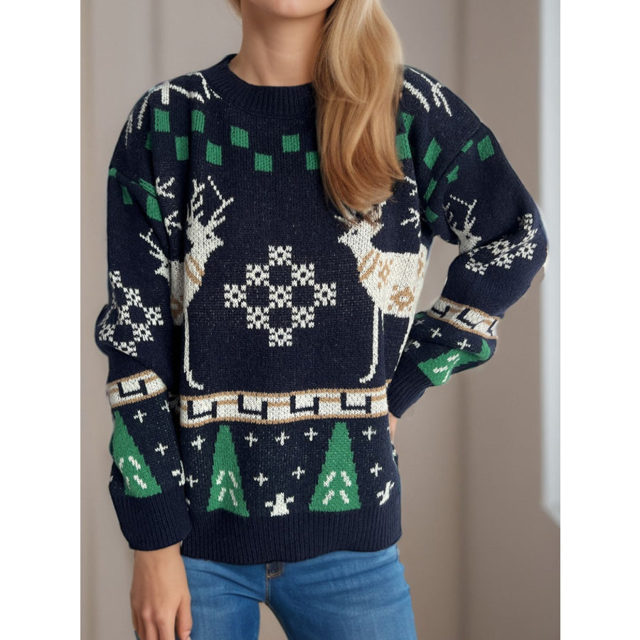 Christmas Element Round Neck Long Sleeve Sweater Apparel and Accessories