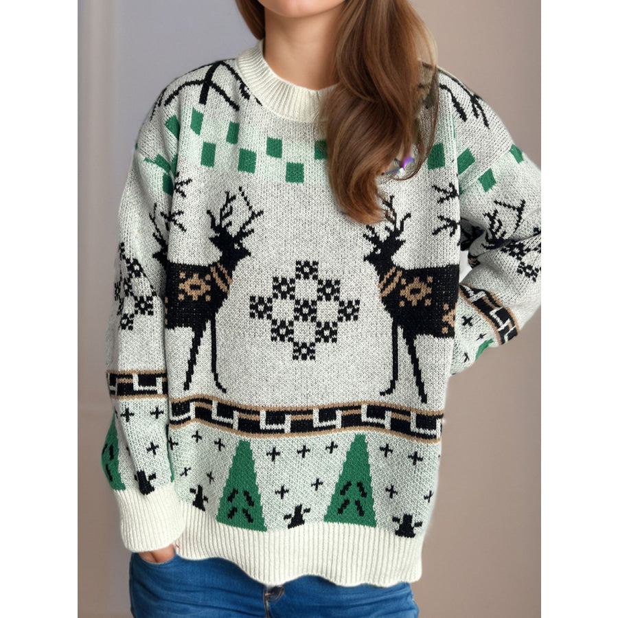 Christmas Element Round Neck Long Sleeve Sweater Apparel and Accessories