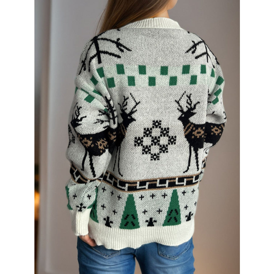 Christmas Element Round Neck Long Sleeve Sweater Apparel and Accessories