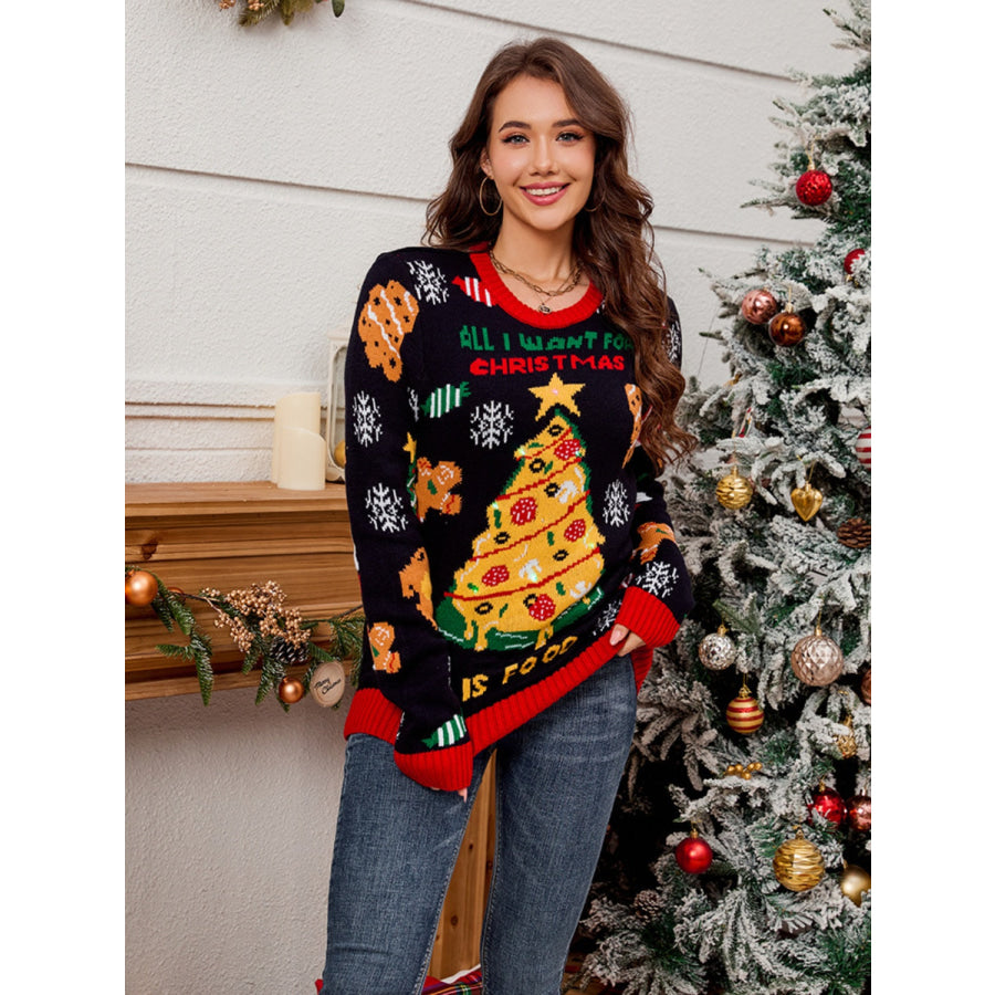 Christmas Element Round Neck Long Sleeve Sweater Apparel and Accessories