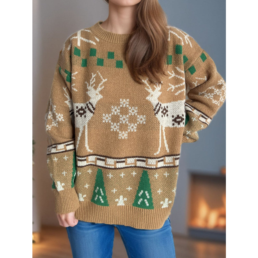 Christmas Element Round Neck Long Sleeve Sweater Apparel and Accessories