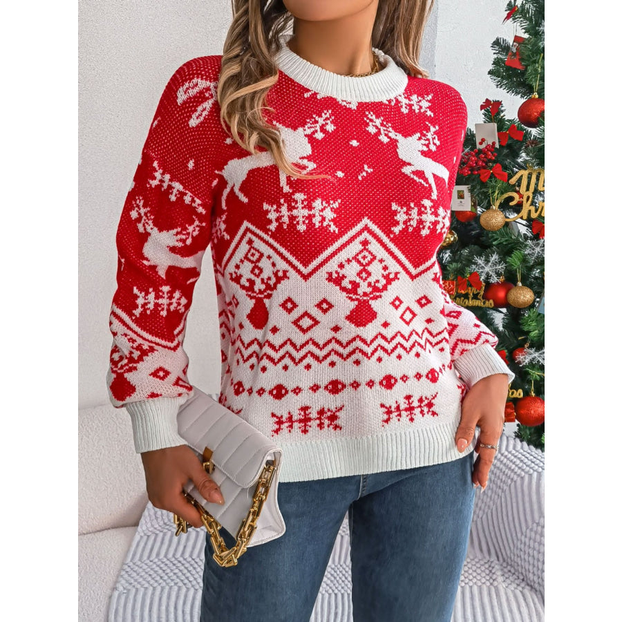 Christmas Element Round Neck Long Sleeve Sweater Apparel and Accessories