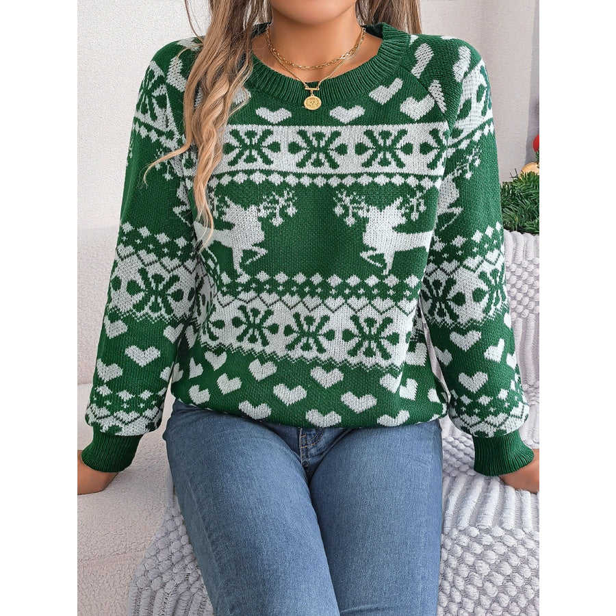 Christmas Element Round Neck Long Sleeve Sweater Dark Green / S Apparel and Accessories